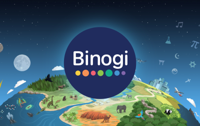 Binogi-Logo mit Abbildung der Erde und wissenschaftlichem Hintergrund